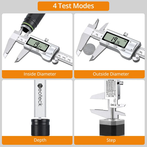 Four test modes of 8 Inch Digital Caliper Vernier Caliper With Stainless Steel LCD Display showing diameter, depth, and step measures.