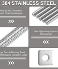 3/8-16 UNC Fully Threaded Rod Set, 5 Pieces Of 304 Stainless Steel, 1.6 Inch Long, Right Hand Threads With Square Washers Included