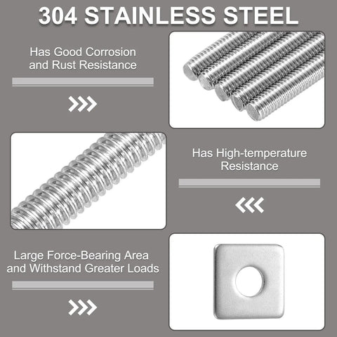 3/8-16 UNC Fully Threaded Rod Set, 5 Pieces Of 304 Stainless Steel, 1.6 Inch Long, Right Hand Threads With Square Washers Included