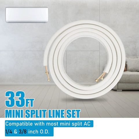 33 Ft Insulated Copper Mini Split Line Set 1/4 Inch And 3/8 Inch For Ductless AC And Heat Pump Systems, shown coiled in a room