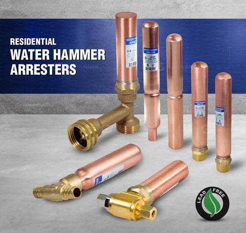 Copper 1/4 Inch Compression Tee Hammer Arrestor for water hammer prevention displayed with multiple sizes.