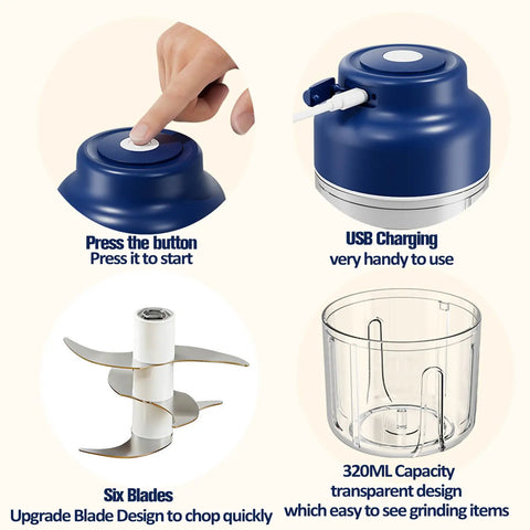 Upgrade Electric Garlic Chopper With Six Stainless Steel Blades Portable Mini Food Processor, USB charging, six blades, 320ml bowl.