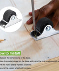 Legit Heavy Duty Ten Pack One Inch Black Nylon Mini Plate Casters With Screw Mount Metal Brackets shown during installation on wood.