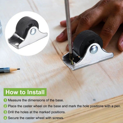 Legit Heavy Duty Ten Pack One Inch Black Nylon Mini Plate Casters With Screw Mount Metal Brackets shown during installation on wood.