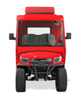 Rugged Electric Golf Cart Featuring True HVAC Heating And Climate Control 48V Ac Motor Smooth Handling Chassis front view glossy red finish.