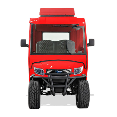 Rugged Electric Golf Cart Featuring True HVAC Heating And Climate Control 48V Ac Motor Smooth Handling Chassis front view glossy red finish.