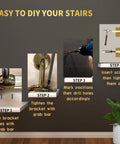 Installation steps for Sturdy 2 Pack Acrylic Indoor Stair Handrail Kit With Golden Wall Mount Brackets, showing easy DIY process.