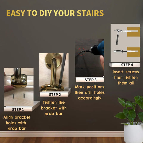 Installation steps for Sturdy 2 Pack Acrylic Indoor Stair Handrail Kit With Golden Wall Mount Brackets, showing easy DIY process.