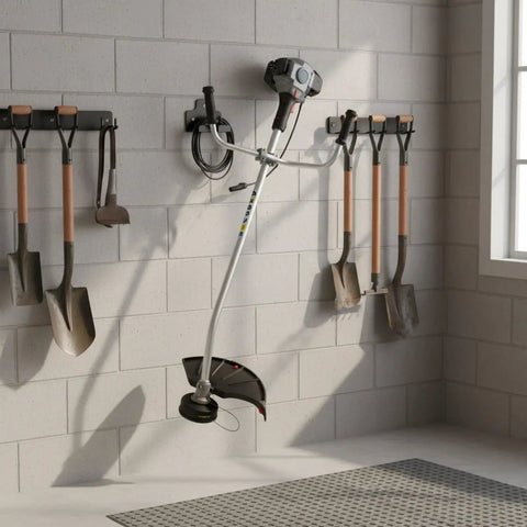 Wall mount for string trimmers and weed eaters vertical garage and shed tool holder in stainless steel holding garden equipment