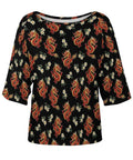 Loose Short Sleeve Boat Neck T Shirt With Floral Dragon Print, Soft Comfortable Lightweight Polyester Spandex Blend, Breathable