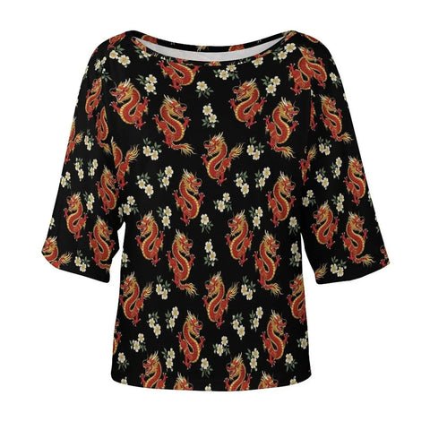 Loose Short Sleeve Boat Neck T Shirt With Floral Dragon Print, Soft Comfortable Lightweight Polyester Spandex Blend, Breathable