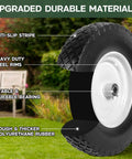 Close-up of 2 Pack 16 Inch Rubber Solid Heavy Duty Flat Free Tires And Wheels for wheelbarrows, showing anti-slip treads and steel rim.