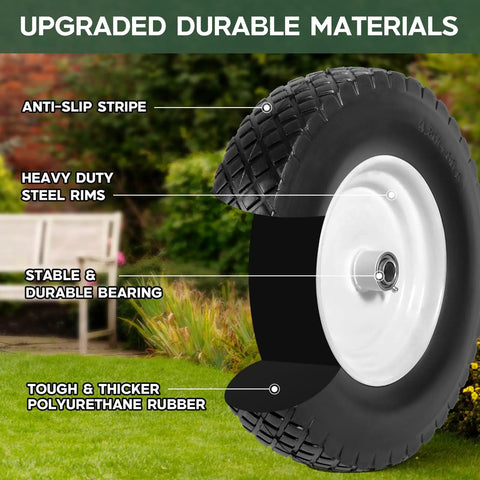 Close-up of 2 Pack 16 Inch Rubber Solid Heavy Duty Flat Free Tires And Wheels for wheelbarrows, showing anti-slip treads and steel rim.