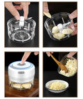 USB Rechargeable Electric Mini Garlic Chopper 100Ml Cordless Food Processor with garlic cloves and chopped garlic.