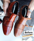 Instant Black Shoe Shine Sponge For Leather Shoes And Boots Delivers Legit Quick Polish Action Before and After on leather shoes.