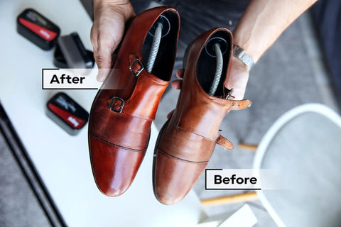 Instant Black Shoe Shine Sponge For Leather Shoes And Boots Delivers Legit Quick Polish Action Before and After on leather shoes.