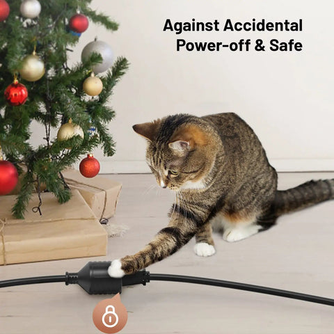 Cat near Christmas tree touching Six Foot Indoor Outdoor Extension Cord With Flat Plug Locking 35 Degree Plug Three Prong Grounded