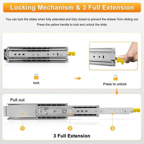 Diagram of Heavy Duty Drawer Slides With Lock For Cabinets And Vans Beefed Up Full Extension Ball Bearing Rails Side Mount.