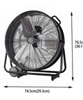 24 Inch High Velocity Industrial Floor Fan Heavy Duty Portable Air Circulator With 3 Speed Adjustable Tilt seen from the front with dimensions.