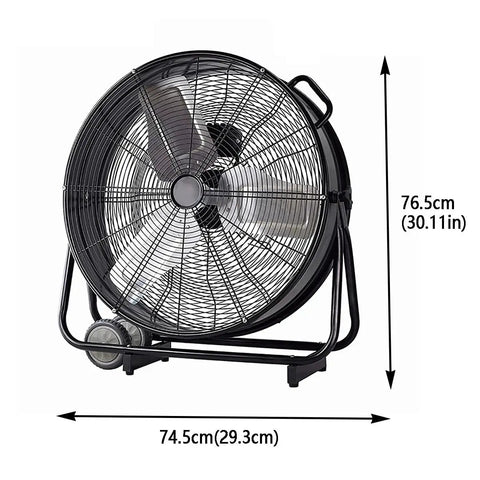 24 Inch High Velocity Industrial Floor Fan Heavy Duty Portable Air Circulator With 3 Speed Adjustable Tilt seen from the front with dimensions.