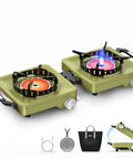 Propane Camping Stove 2 Burner Hybrid Infrared And Open Flame 36,000 BTU Windproof Folding Portable Outdoor Gas Cooker in green with accessories
