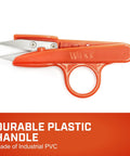 Durable industrial PVC handle on Wiss scissors, red plastic with finger loop, industrial design on a white background.
