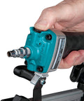 Close-up of renewed 18 gauge pneumatic brad nailer for DIY pros, aluminum body, showing air duster and narrow nose for tight corners.