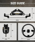 Size guide for 300HP Marine Hydraulic Steering Kit With Bi-Directional Locking Cylinders, includes helm and wheel dimensions