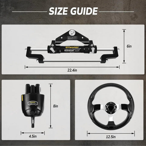 Size guide for 300HP Marine Hydraulic Steering Kit With Bi-Directional Locking Cylinders, includes helm and wheel dimensions