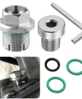 Oversize Piggyback Oil Drain Plug Kit Stainless Steel Self Tapping Oil Pan Thread Repair With O Ring And L Wrench Size M14, visible components.