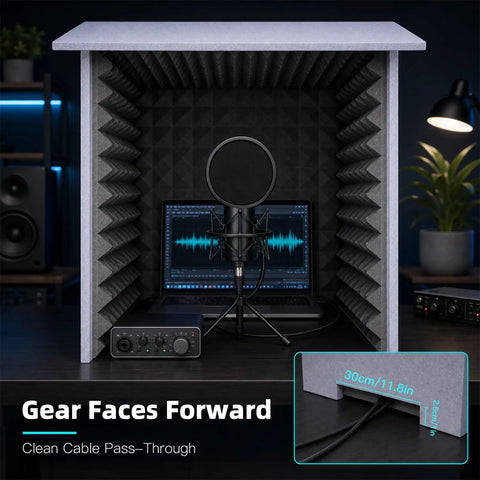 Kickass Portable Soundproof Vocal Booth With Hella Tight Acoustic Foam Panels For Killer Recordings And Complete Ambient Noise Blocking In Your Clean Home Podcast Studio Setup, featuring a mic and clean cable pass-through.