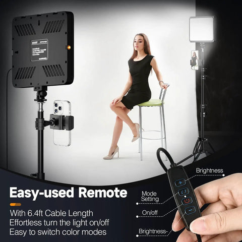 LED Video Light Kit With Phone Holder And Barndoor, 2800K To 7000K Dimmable Studio Lights shown with remote control and model.
