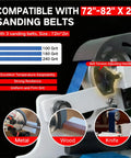 Kickass 1500 Watt Belt Sander With High Output Vfd Controller 72 By 2 Inch Wide Belt Grinder and Knife Sharpener Kit, three sanding belts shown.