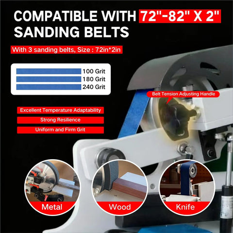 Kickass 1500 Watt Belt Sander With High Output Vfd Controller 72 By 2 Inch Wide Belt Grinder and Knife Sharpener Kit, three sanding belts shown.