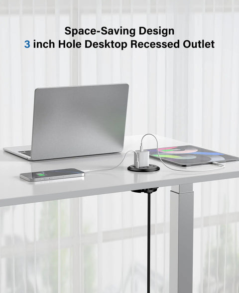 Top Shelf Three Inch Flush Mount Desktop Power Grommet With Two AC Outlets And Four Usb Ports Featuring PD 20W Fast Charge Plus A Six Foot Cord To Keep Your Desk Setup Slick And Totally Hassle Free, installed in a sleek white desk.