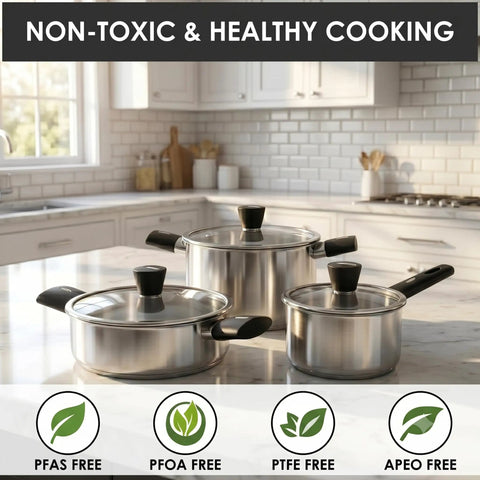 Stainless Steel Pots And Pans Set 6 Piece Non Toxic Cookware With Glass Lids Induction Compatible Dishwasher Safe Even Heating