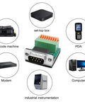 DB9 Solderless RS232 To 9-Pin Port Spring Terminal Breakout Adapter for Serial Devices with connected electronics overview
