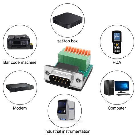 DB9 Solderless RS232 To 9-Pin Port Spring Terminal Breakout Adapter for Serial Devices with connected electronics overview