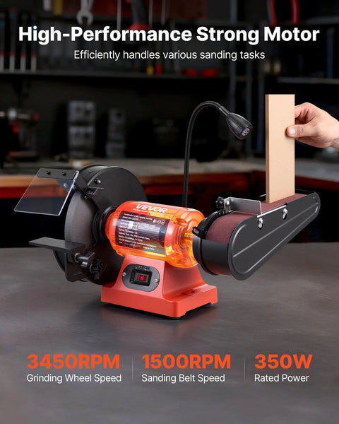 Heavy Duty Eight Inch Bench Grinder Paired With Two By Twenty Eight Belt Sander Combo powered by 350W motor and LED light for metal work.