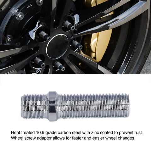 Upgrade Your Ride With 20 Heat Treated Wheel Stud Conversion Adapters, Extended 50mm Length And Robust Zinc Plated Design For Premium Grip On European Cars, Making Installation A Breeze! zinc-plated 50mm steel wheel stud adapter on alloy wheel