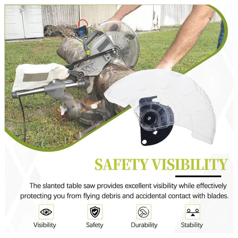 Covered Miter Cut Defense Tool With Anti Splash Guard for miter saws, showcasing safety features and debris blocking.