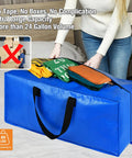 Heavy Duty Blue Moving Bags With Sturdy Zipper Handles And Backpack Straps displayed on bed with folded clothes