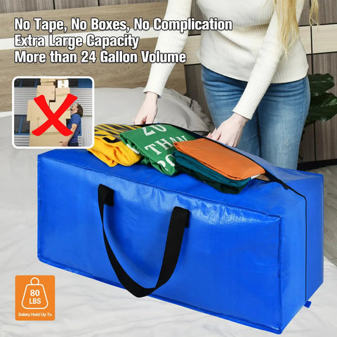 Heavy Duty Blue Moving Bags With Sturdy Zipper Handles And Backpack Straps displayed on bed with folded clothes