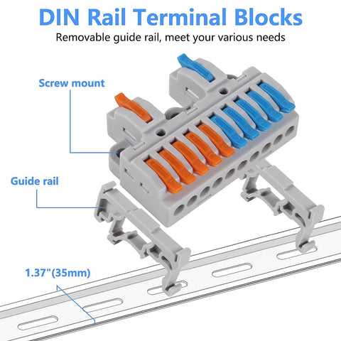 Din Rail Terminal Blocks Kit With 2 In 10 Out Universal Compact Lever Wire Connectors For Electrical Wires shown on guide rail