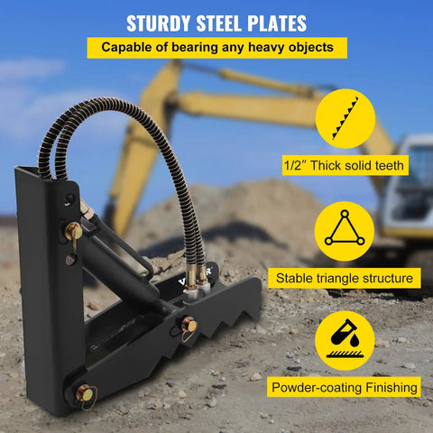 18 Inch Hydraulic Backhoe Thumb With Adjustable Length And Hydraulic Cylinder, heavy duty black steel attachment on construction site.