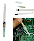 Flux Pen For Soldering With Brush Tip, Refillable Flux Tool For Electronics, showing disassembled parts and use on a PCB