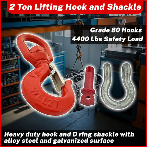 Heavy Duty 2 Ton Swivel Hooks With D Ring Shackle And 0.5 Inch Shackle, G80 Rated Lifting Hooks, 4,400 Lbs Safe Load Limit, Alloy Steel Round Rotating Trailer Chain Hooks in workshop