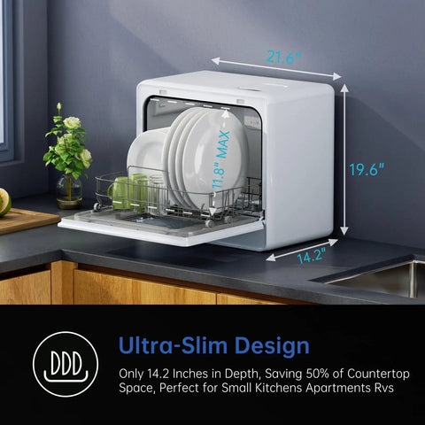 Space Saving Countertop Dishwasher Featuring Built In Water Tank And Big Kid Capacity For Cramped Kitchens with ultra-slim design.