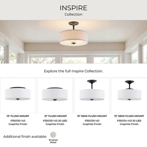 Graphite Three Light Semi Flush Ceiling Mount Fixture From Inspire Collection, modern ceiling light with clean lines in hallway.