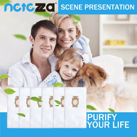 Family with dog beside six pack Kirby vacuum dust bags cloth style F replacement for Avalir Sentria Ultimate G Diamond Edition and more